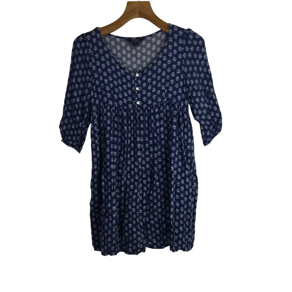 Polo Ralph Lauren Girls Floral Print Boho Dress Denim Blue White Size 14 NWT